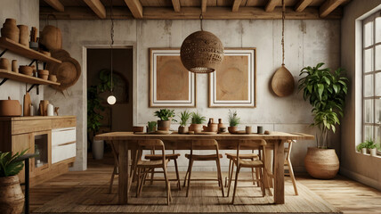 Obraz premium A nomadic boho kitchen interior adorned with rustic wooden shelves and woven baskets, HD, Hyper Resolution 