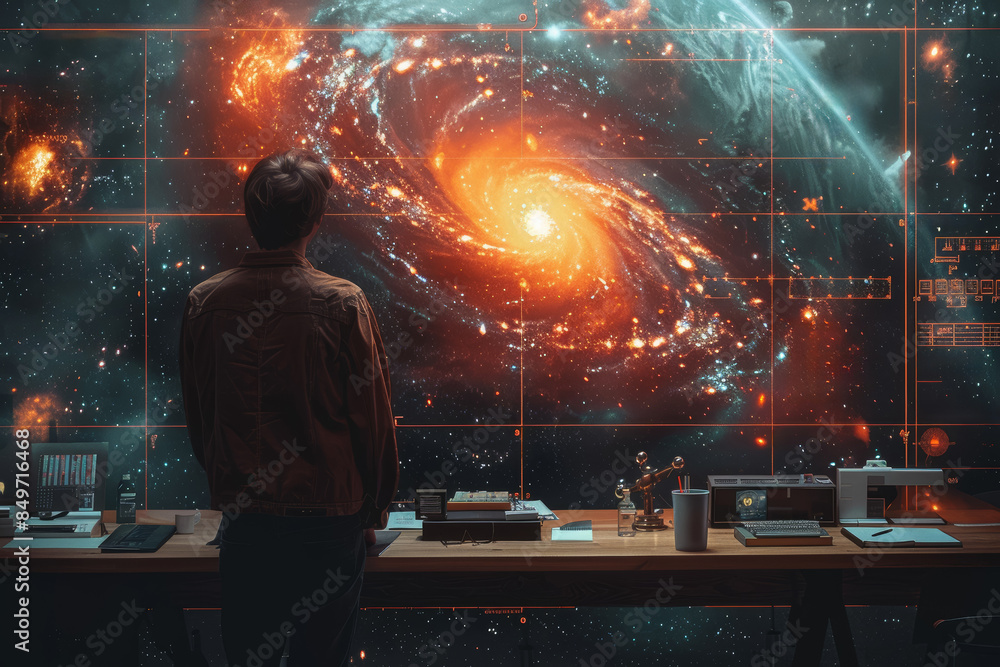 Poster a physicist presenting a lecture on quantum mechanics. concept of advanced science and education. ge