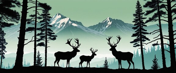 Black silhouette of wild deer family background