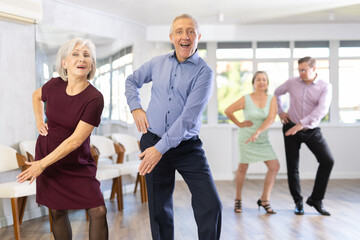 Happy senior woman and man enjoying active boogie-woogie dance in modern studio. Social dancing...