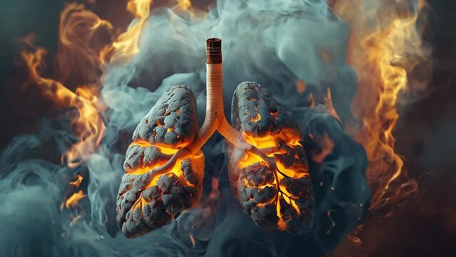 animation of human lungs where the trachea is cigarette, the right and left lungs are in form of burning ash, Human lung damage due to harmful effects of smoking gray smoker's lungs on dark background