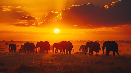 A herd of elephants walking across a savanna as the sun sets in a fiery orange sky.