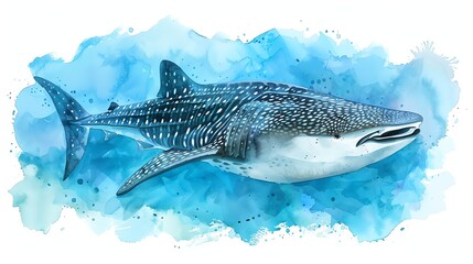 Watercolor illustration of a whale shark swimming in the ocean.