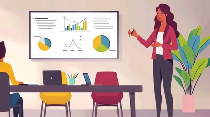 Beautiful Businesswoman Gives Report/ Presentation to Her Business Colleagues in the Conference Room, She Shows Graphics, Pie Charts and Company's Growth on the Wall TV. 