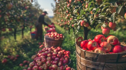 Orchard full of beautiful ripe juicy apple,  farmwork man picking the apple and putting into baskets