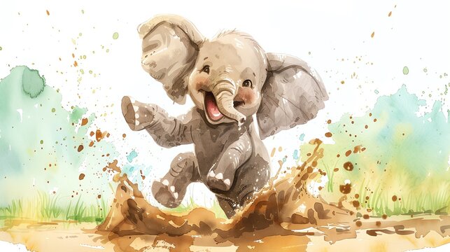 A watercolor painting of a cute baby elephant splashing in a mud puddle.