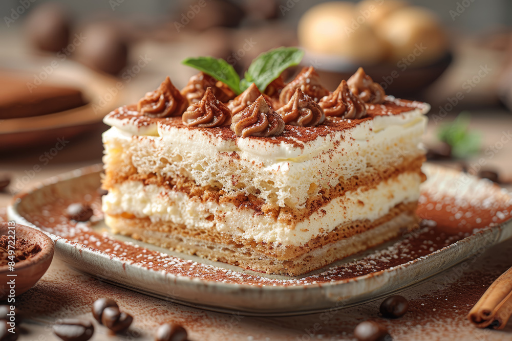 Sticker a luscious tiramisu with layers of coffee-soaked ladyfingers and mascarpone. concept of italian dess