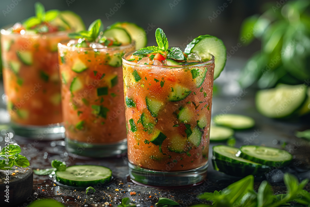 Wall mural A refreshing gazpacho served chilled with a garnish of cucumber. Concept of summer dishes and cooling foods. Generative Ai.