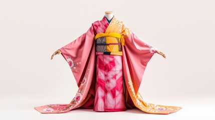 Naklejka premium Traditional Japanese kimono with intricate details and vibrant colors displayed against a simple background.