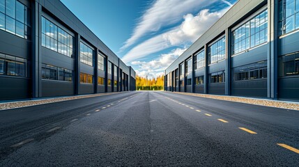 A large empty parking lot with a row of buildings in the background, modern terminal hangars, warehouse or factory