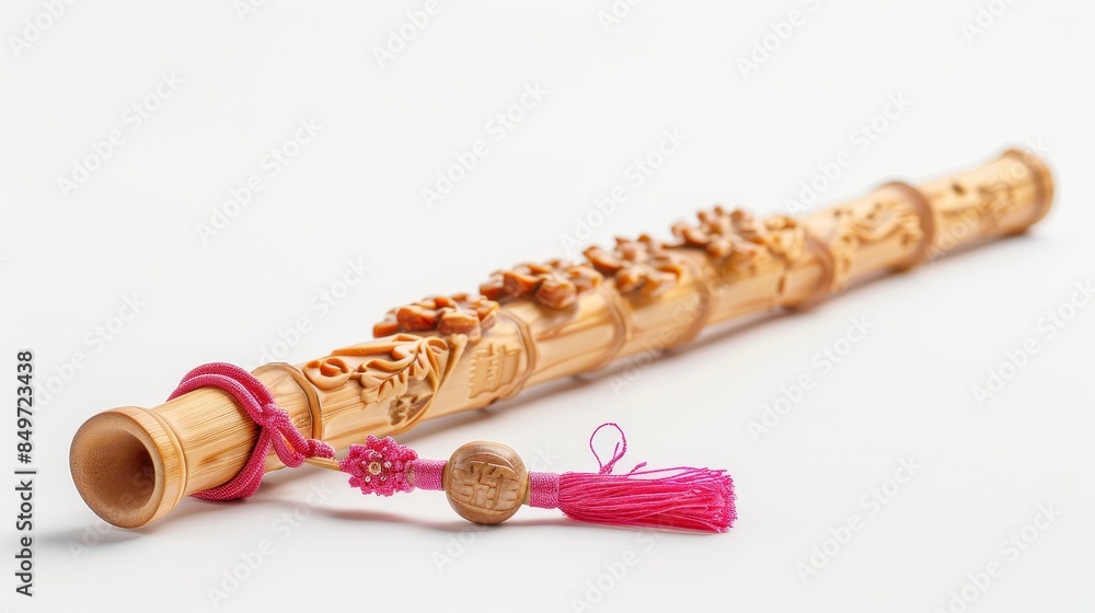 Wall mural beautifully carved traditional bamboo flute with intricate designs and pink tassel on a white backgr