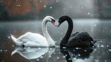 Two swans are swimming in a lake, one white and one black, abstract heart romantic love concept