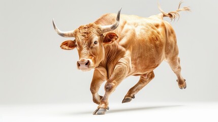 Dynamic photo of a powerful bull in motion on a clean white background, showcasing strength and energy.