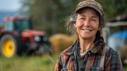 Smiling portrait of a middle aged female farmer working on a field
 - Powered by Adobe