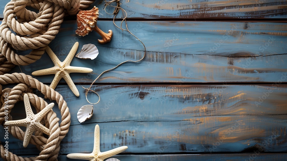 Poster nautical and summer background top view on wooden background : generative ai