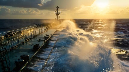 Sea water and spray splashing on main deck of a cargo ship or bulk carrier : Generative AI