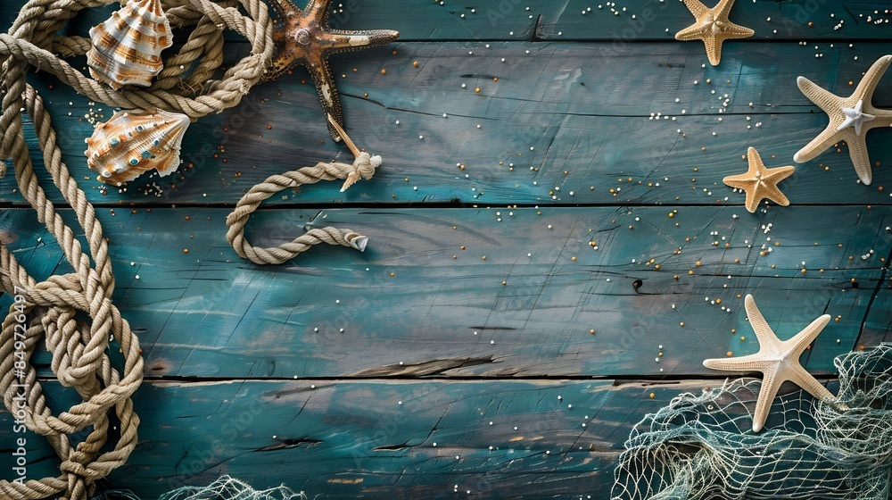 Poster nautical and summer background top view on wooden background : generative ai