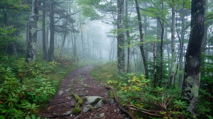 Obraz premium Foggy forest trail amidst the trees