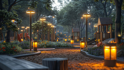 Obraz premium garden lights and lawn lights in the children's playground landscape, stylish and simple with childlike design,generative ai