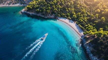Aerial view of the speed boat in clear blue water at sunset in summer Top view from drone of fast floating yacht in mediterranean sea Travel in Oludeniz Turkey Tropical landscape with  : Generative AI