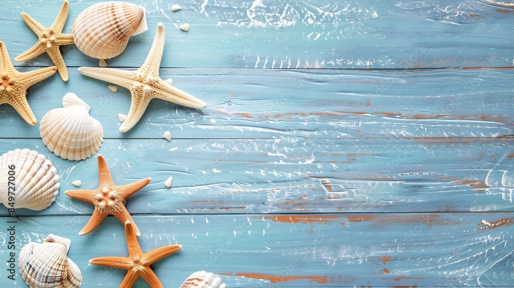 Poster seashells and starfish on a blue rustic wooden background holiday and vacation concept top view copy