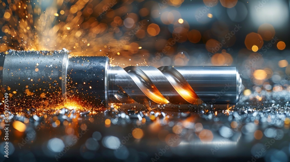 Poster close-up of drill bit with flying sparks in workshop. generative ai
