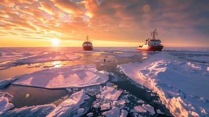 Two nuclearpowered icebreakers are on the frozen sea among the ice floes against the backdrop of a bright sunset sky in winter closeup Northern Sea Route in the Arctic : Generative AI