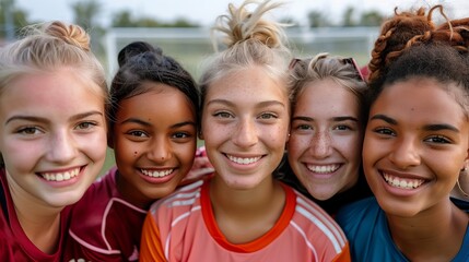 Fototapeta premium Diverse and mixed group of young female soccer players