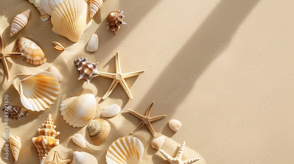Poster seashells and starfish with shadows on beige pastel background at sunlight summer vacation concept n