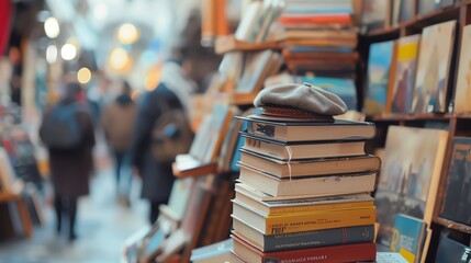 A stack of books with a beret on top, in a bookstore.