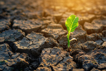 A cracked dry earth with a lone green sprout emerging.
