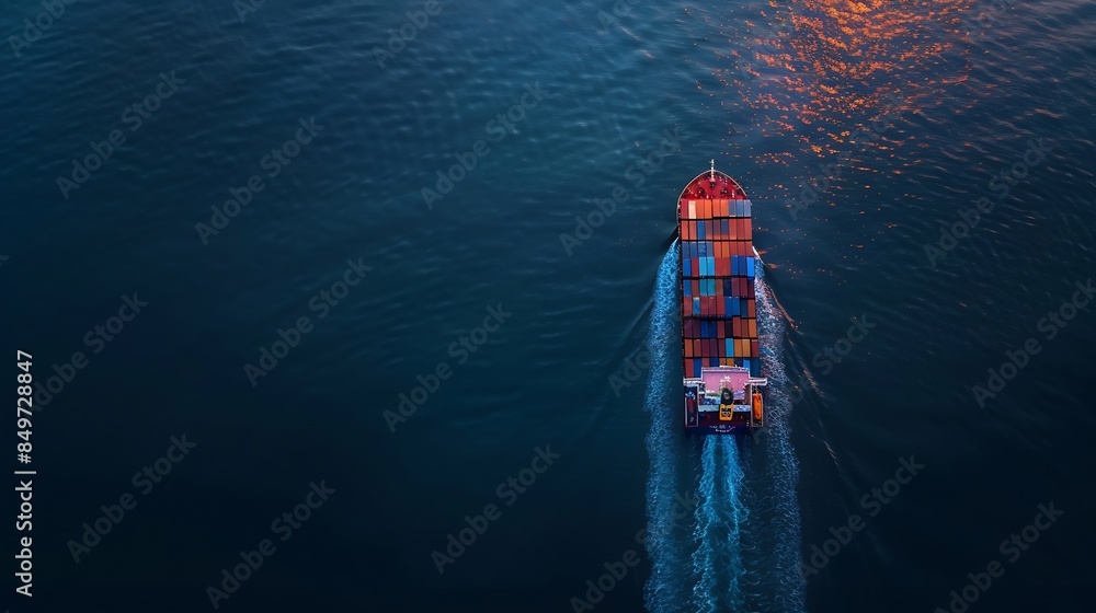 Poster aerial top view container ship in export and import business and logistics shipping cargo to harbor 