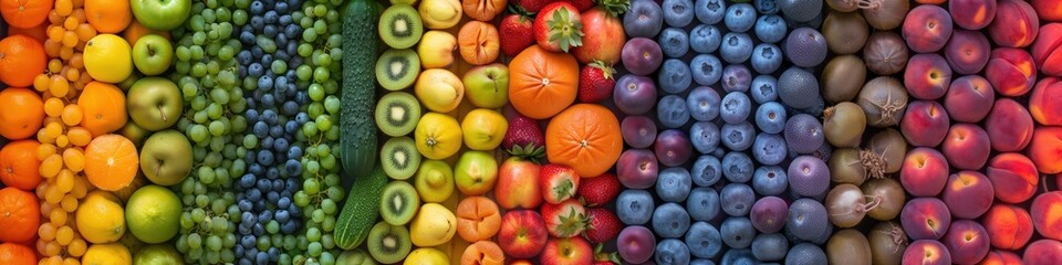 Bright fresh food collage of different fruits, vegetables and berries. Rainbow wallpaper banner background with copyspace
