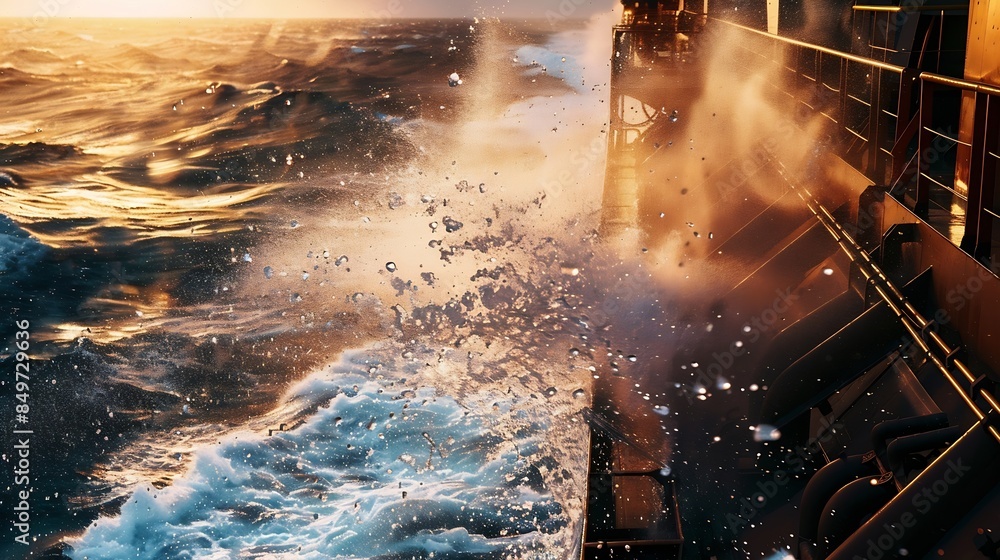 Poster sea water and spray splashing on main deck of a cargo ship or bulk carrier : generative ai