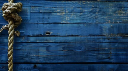 Jute rope rectangular frame with a knot on blue painted boards navy backdrop : Generative AI © The Little Hut