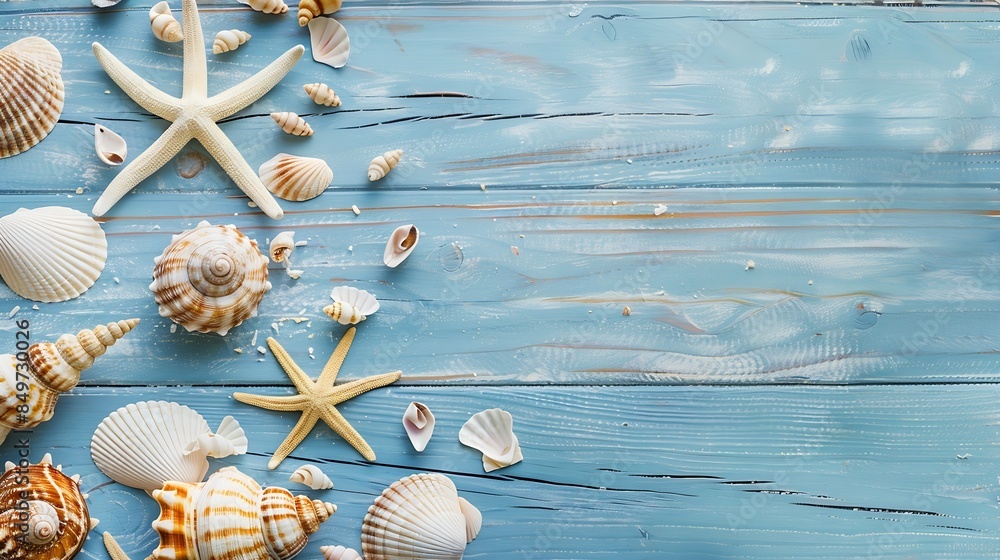 Poster seashells and starfish on a blue rustic wooden background holiday and vacation concept top view copy