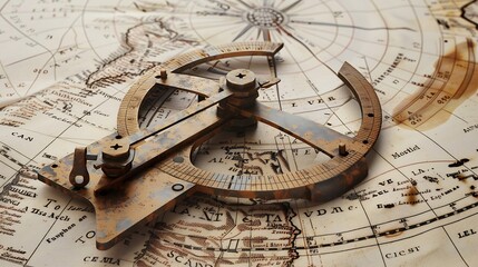 Nautical theme with old obsolete ocean navigation chart protractor and pair of dividers Highangle view : Generative AI