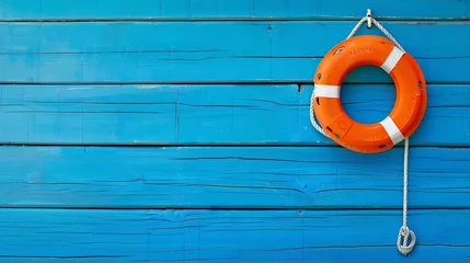 An orange lifebuoy hangs from a white cord on a bright blue wooden background The concept of safety of people on the water river sea ocean Decorative nautical style : Generative AI