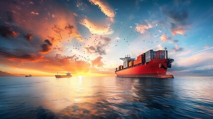 Container cargo ship in the ocean at sunset blue sky background with copy space Nautical vessel and sea freight shipping International global business logistics transportation import e : Generative AI