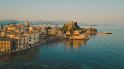 Fototapeta premium drone view of corfu town with Old Fortress in background in corfu Greece : Generative AI