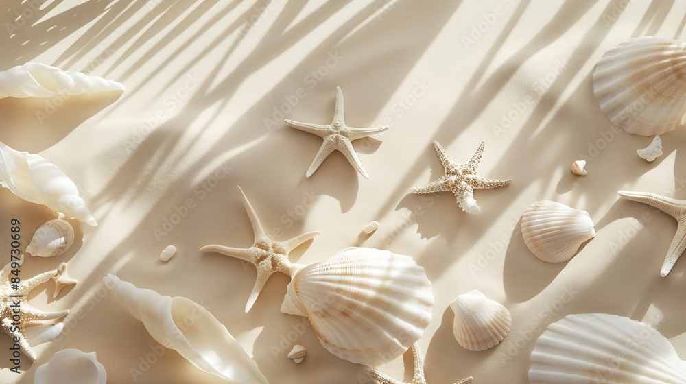 Poster seashells and starfish with shadows on beige pastel background at sunlight summer vacation concept n
