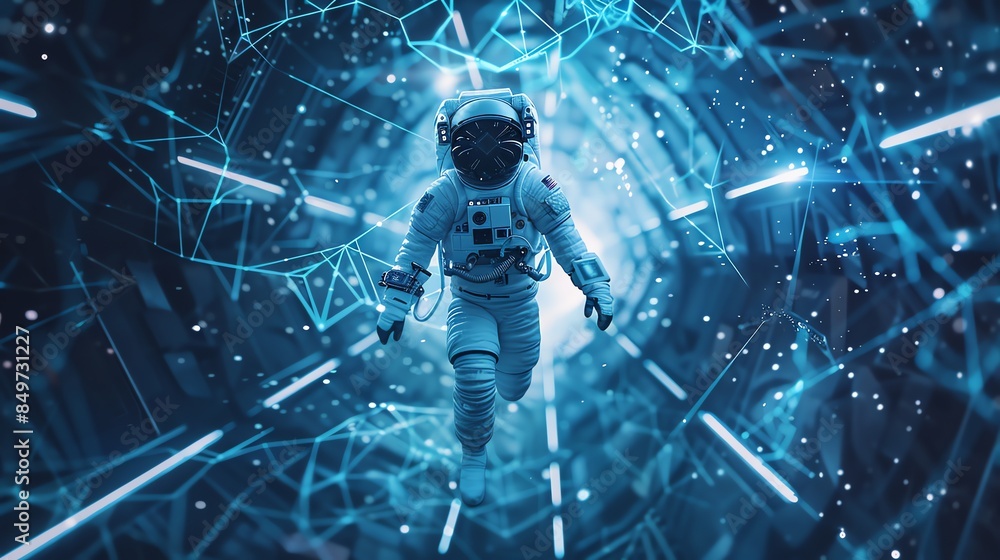Poster an astronaut walks through a futuristic, digital tunnel with glowing lines and nodes.