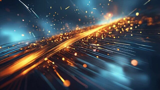 striking golden light streak against a dark background. surrounded by numerous small, glowing particles that add a sense of motion and energy. futuristic, speed, technology background
