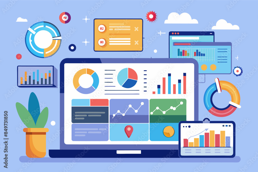 Aufkleber a computer screen with various icons and graphs, comprehensive analytics dashboard to track sales performance and customer behavior