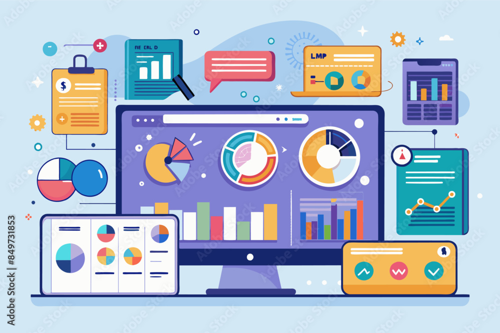 Poster a computer screen with various icons and graphs, comprehensive analytics dashboard to track sales pe