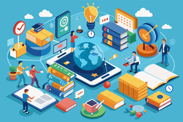 a tablet with a globe on it and people around it, comprehensive curriculum integrating real-world applications into classroom teaching