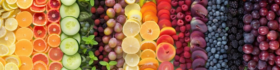 Fresh food collage of different fruits, vegetables and berries. Rainbow wallpaper banner background with copyspace