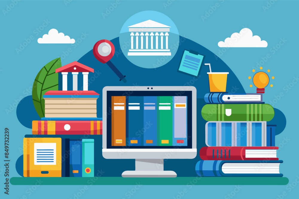 Poster a computer screen with books and a clock, digital library providing access to educational materials 