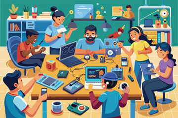 a group of people sitting around a table with laptops, DIY electronics workshop teaching participants how to build and program their own gadgets and devices