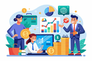 a group of people are working on a laptop, financial advisory service providing expert guidance on investment strategies and wealth management